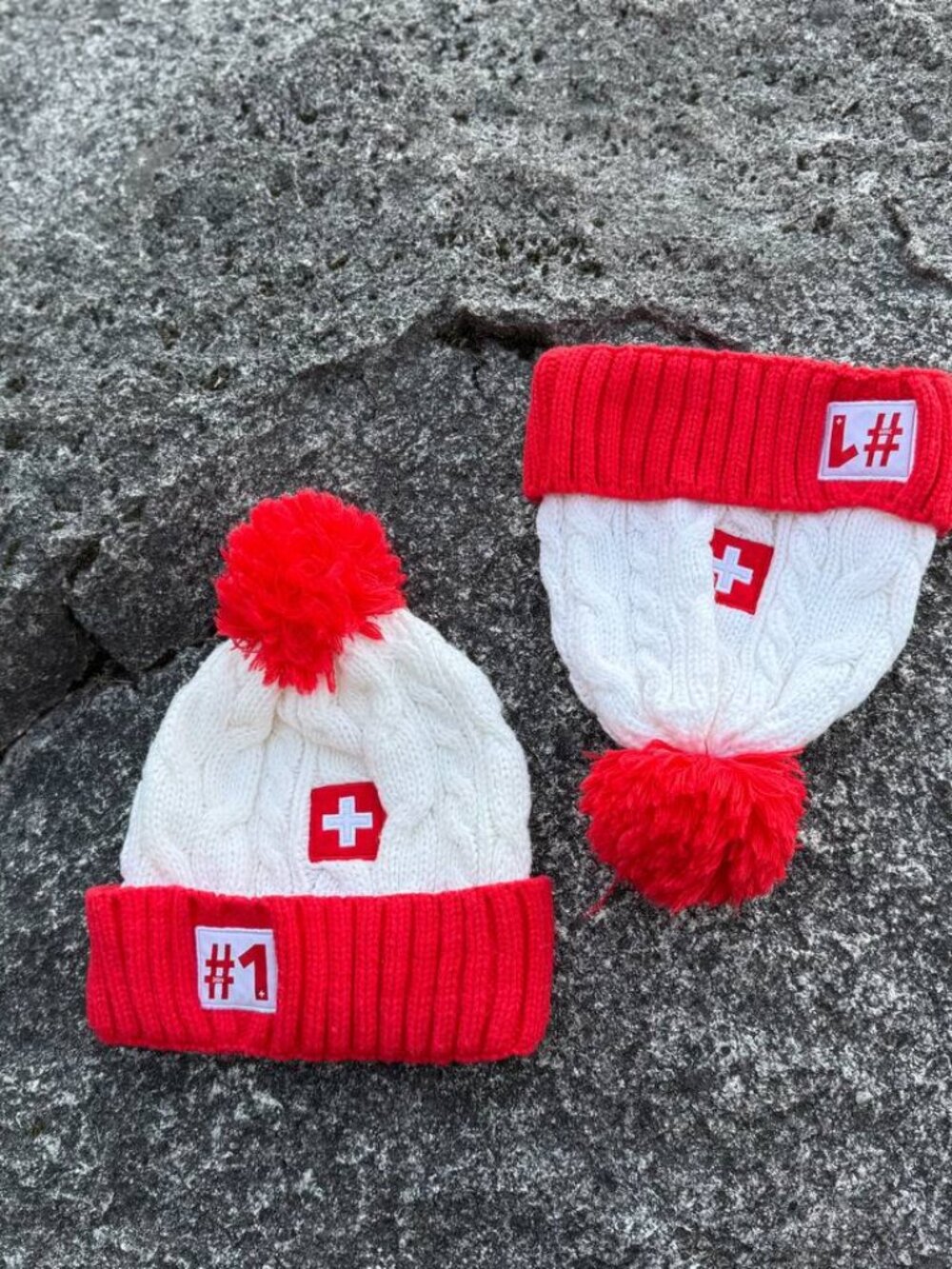 Red and White Swiss Symbol Knit Beanie Hat with Pom-Pom and #1 Patch